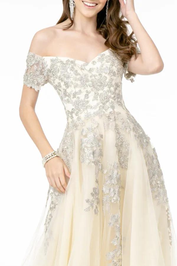 Embroidered Mesh A-Line Long Dress w/ V-Back by Tux-USA