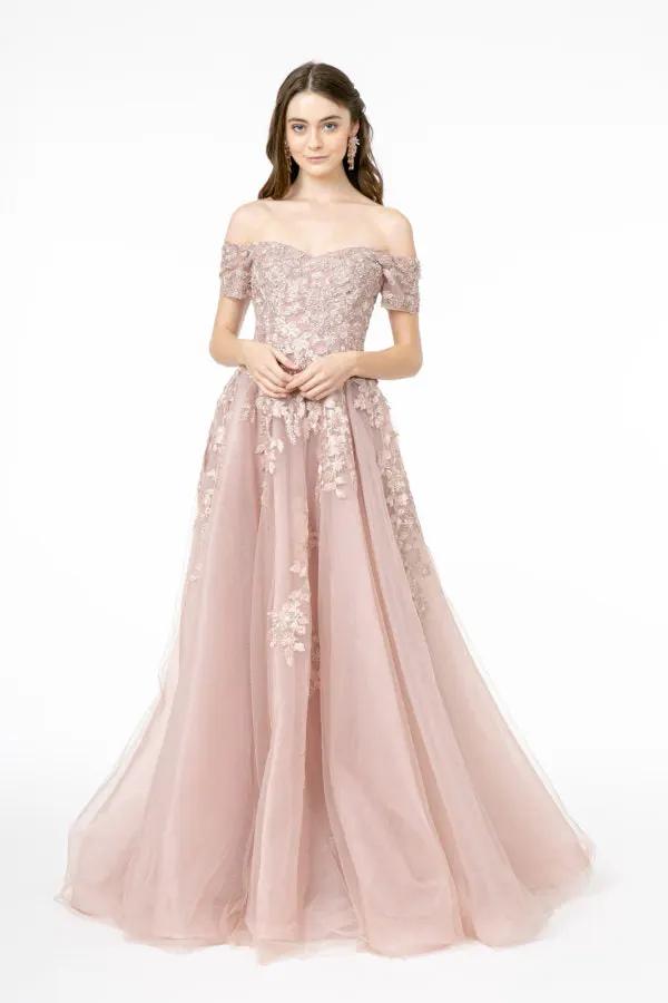 Embroidered Mesh A-Line Long Dress w/ V-Back by Tux-USA