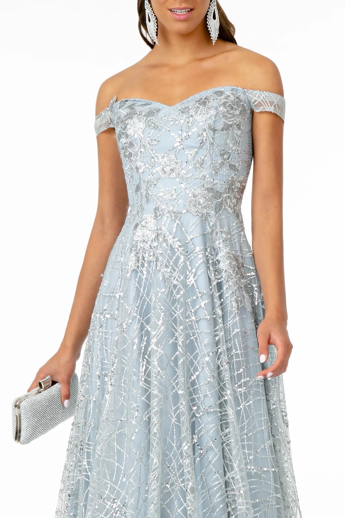 Floral Embroidery Glitter & Sequin Mesh A-Line Dress by Tux-USA