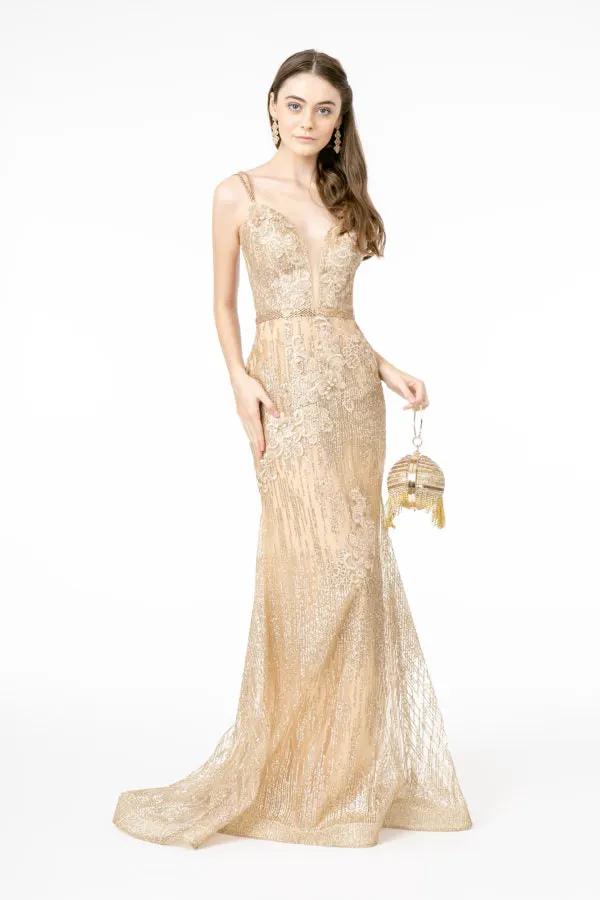 Floral Embroidery Glitter Mesh Mermaid Long Dress w/ Jeweled Waist Band by Tux-USA