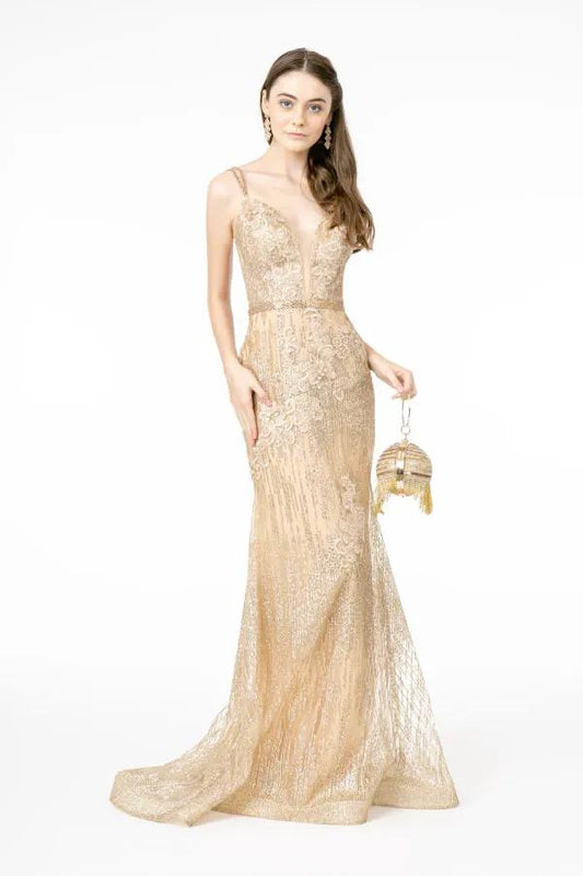 Floral Embroidery Glitter Mesh Mermaid Long Dress w/ Jeweled Waist Band by Tux-USA