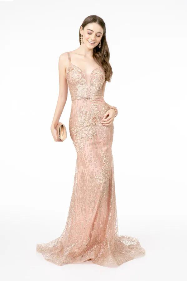 Floral Embroidery Glitter Mesh Mermaid Long Dress w/ Jeweled Waist Band by Tux-USA