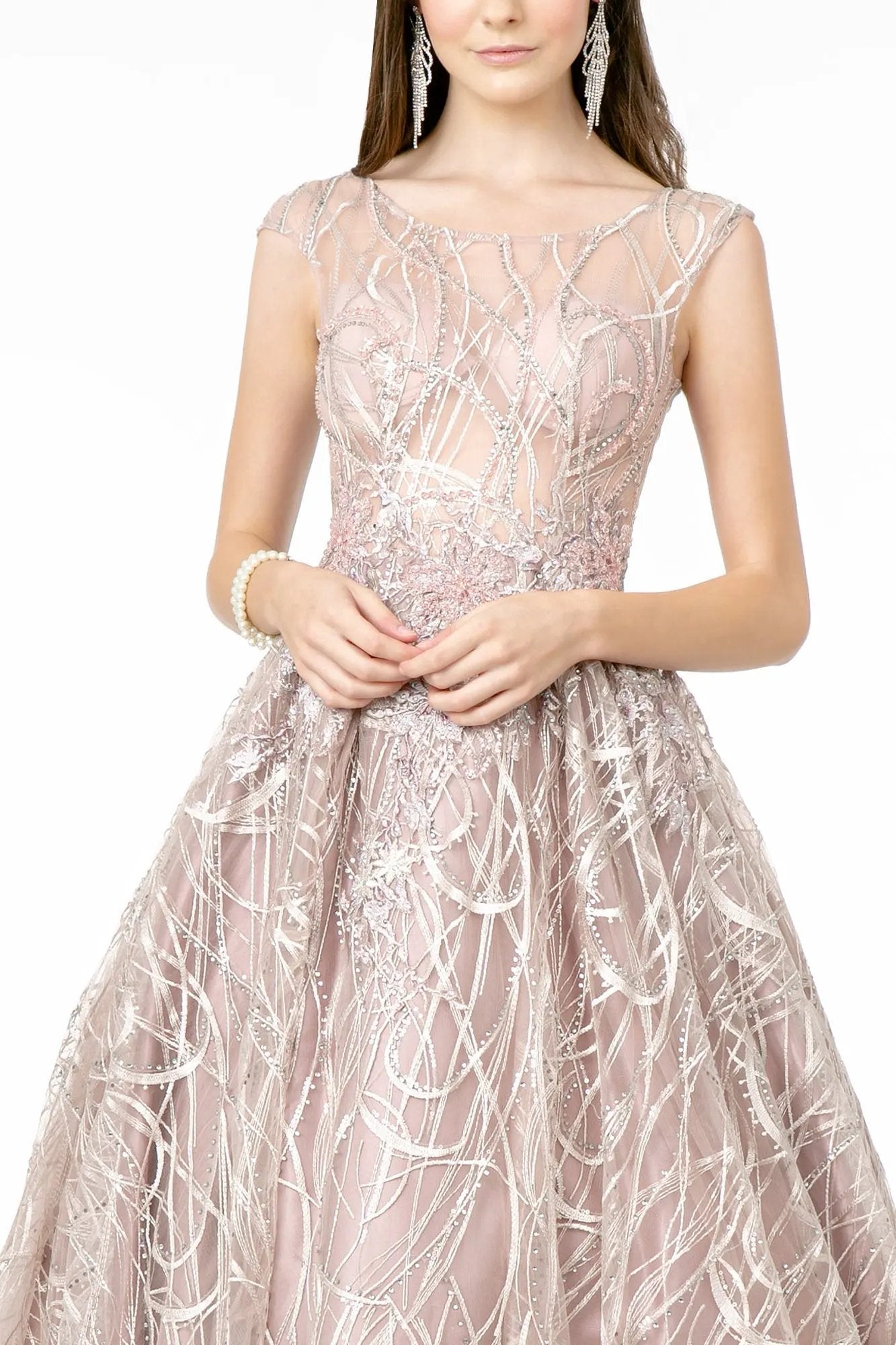 Embroidered Sheer Top Sleeveless Mesh Long Dress by Tux-USA
