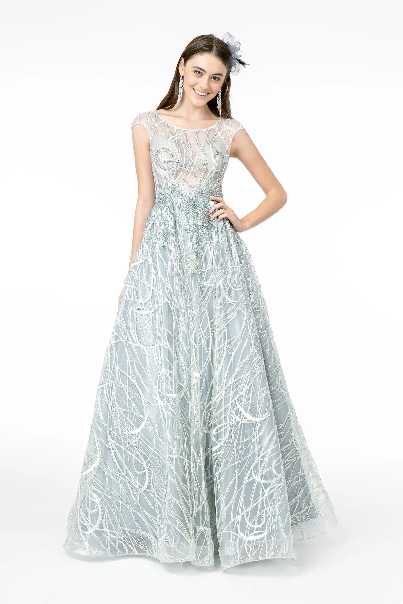 Embroidered Sheer Top Sleeveless Mesh Long Dress by Tux-USA