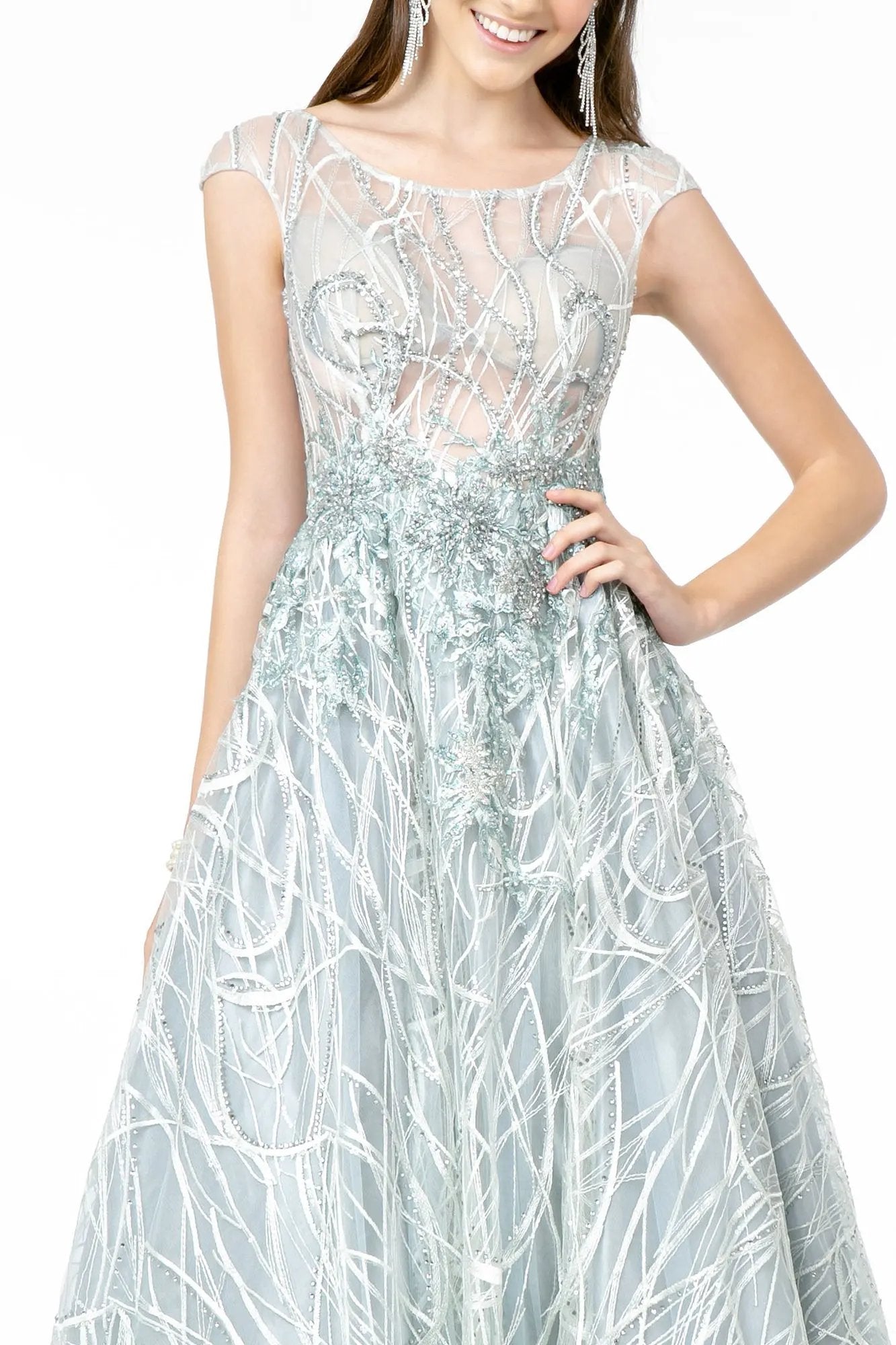 Embroidered Sheer Top Sleeveless Mesh Long Dress by Tux-USA