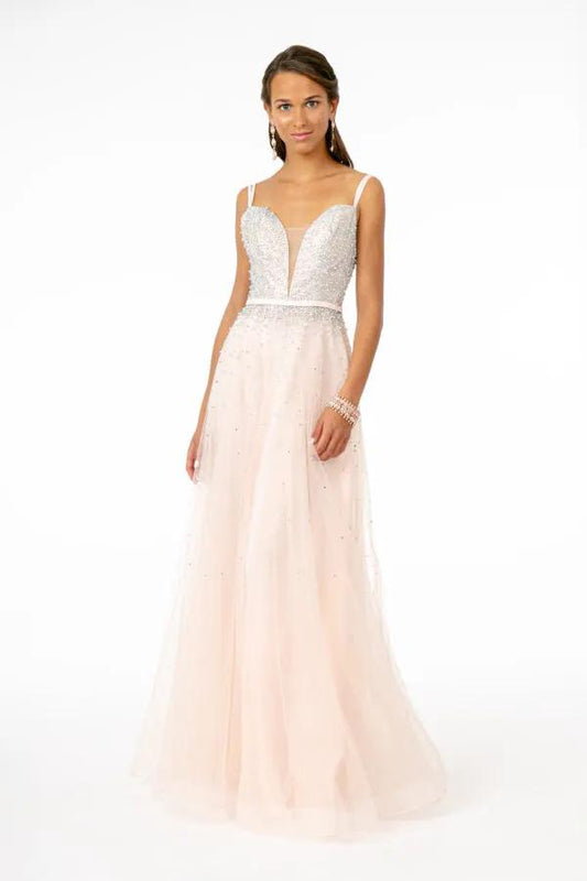 Jewel Embellished Bodice Mesh A-Line Dress w/ Strap Back by Tux-USA