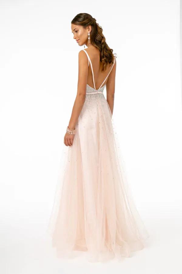 Jewel Embellished Bodice Mesh A-Line Dress w/ Strap Back by Tux-USA