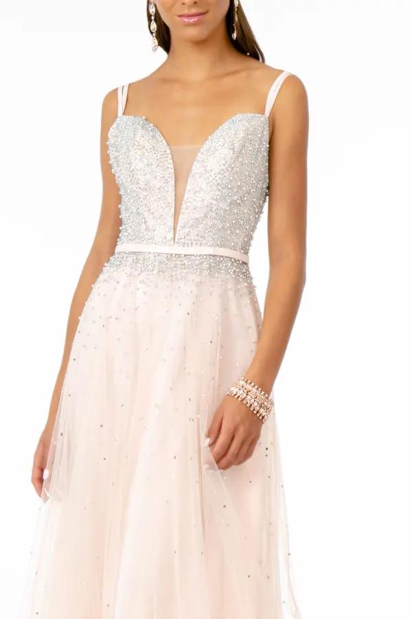 Jewel Embellished Bodice Mesh A-Line Dress w/ Strap Back by Tux-USA