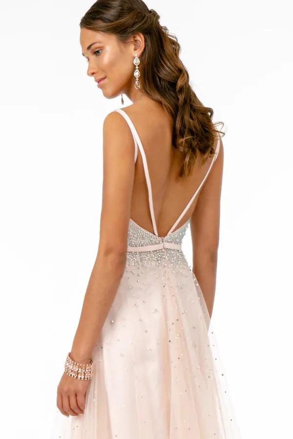 Jewel Embellished Bodice Mesh A-Line Dress w/ Strap Back by Tux-USA