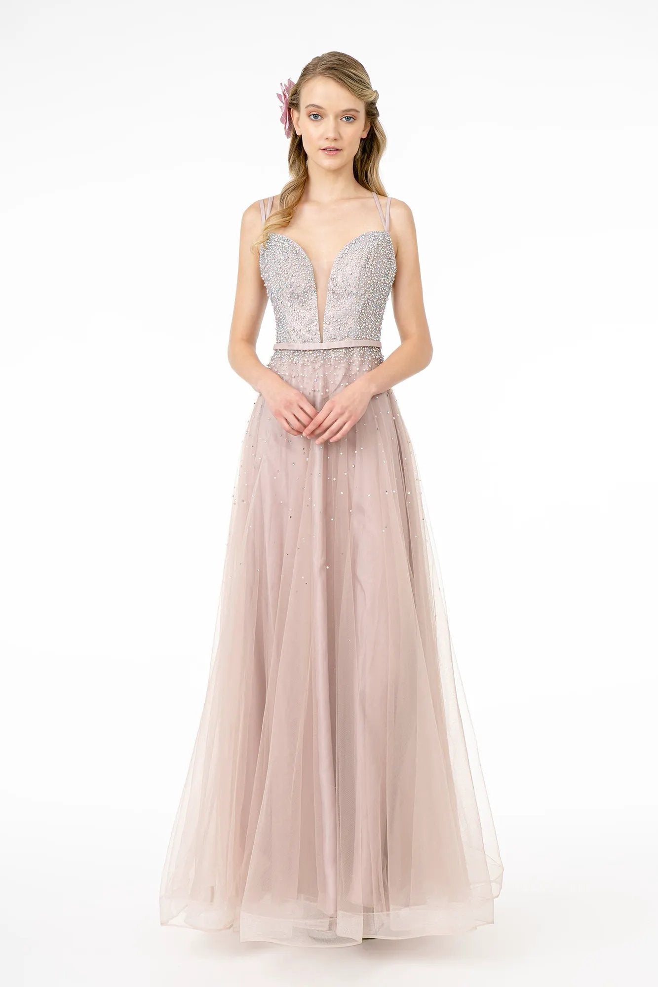 Jewel Embellished Bodice Mesh A-Line Dress w/ Strap Back by Tux-USA