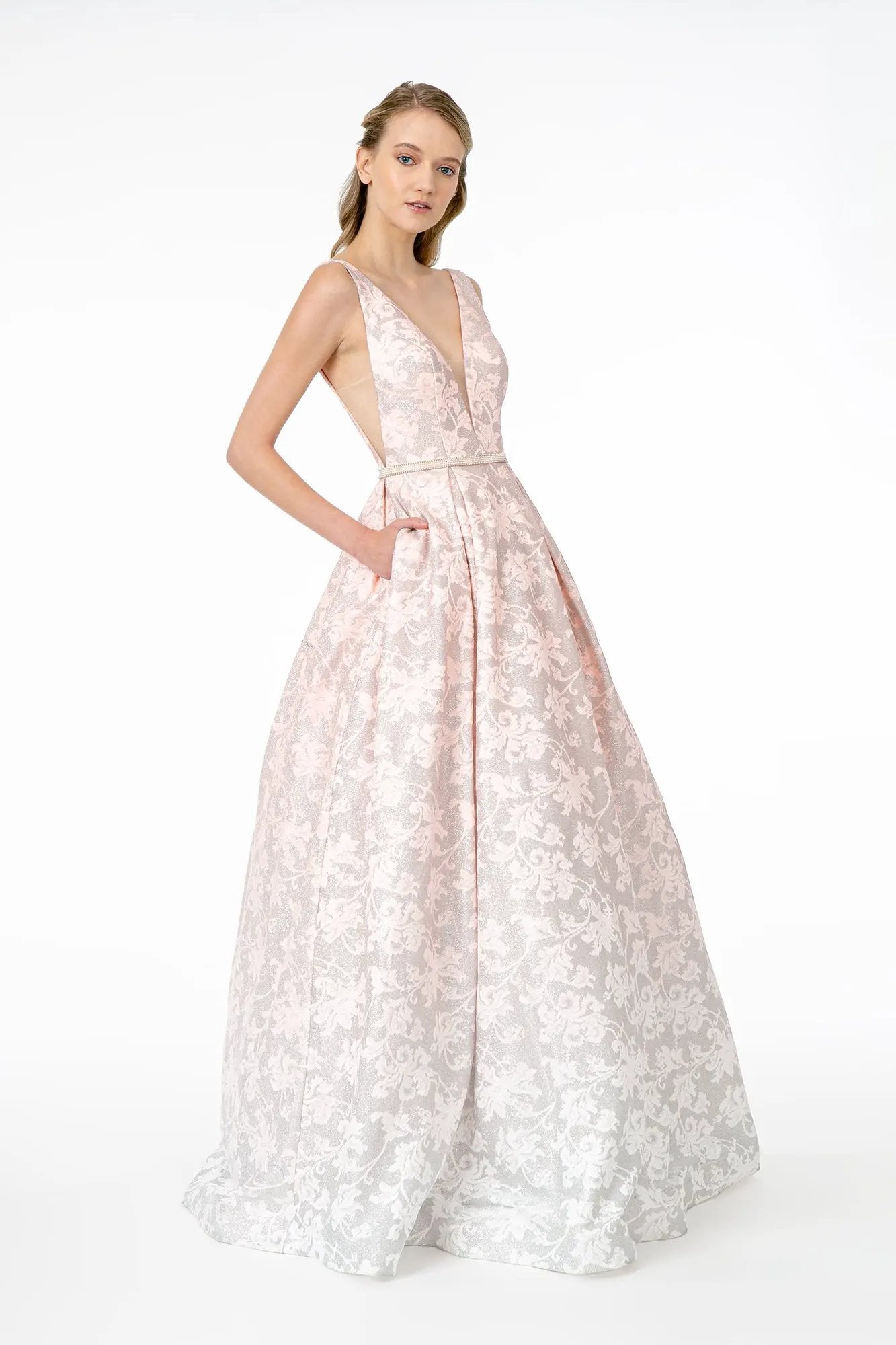Illusion Deep V-Neck A-Line Long Dress w/ V-Back by Tux-USA