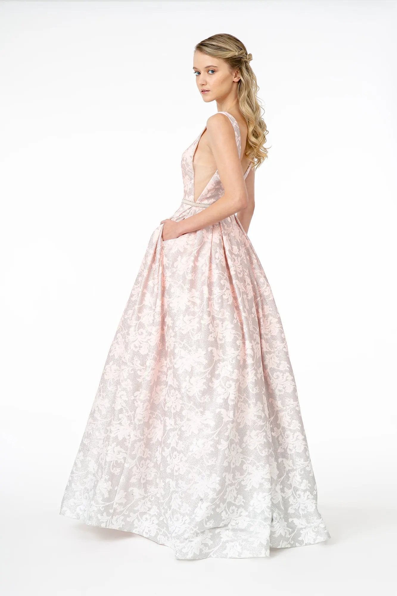 Illusion Deep V-Neck A-Line Long Dress w/ V-Back by Tux-USA