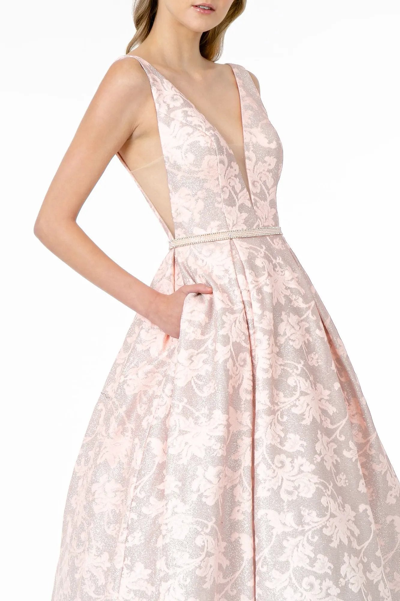 Illusion Deep V-Neck A-Line Long Dress w/ V-Back by Tux-USA