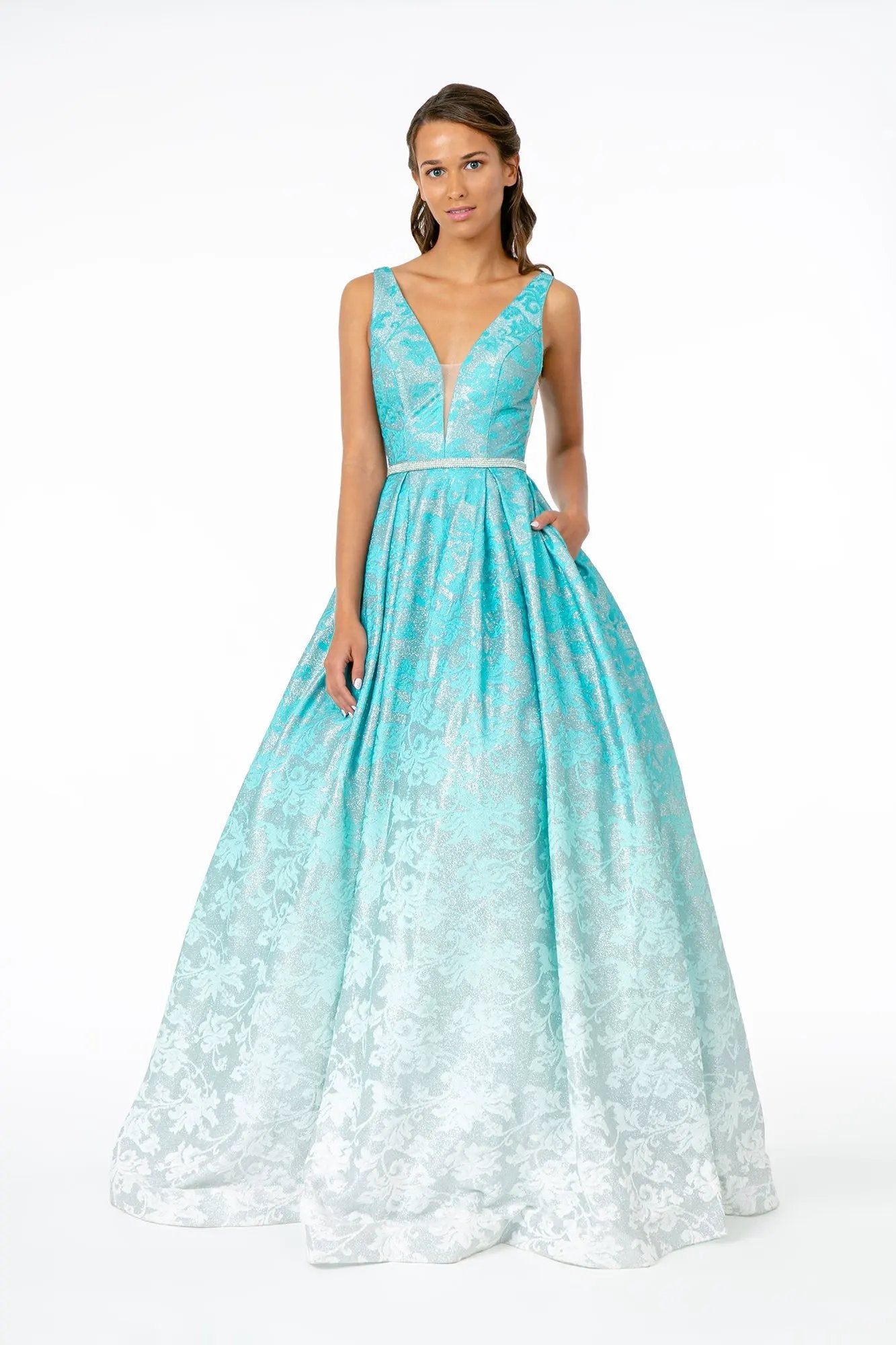 Illusion Deep V-Neck A-Line Long Dress w/ V-Back by Tux-USA