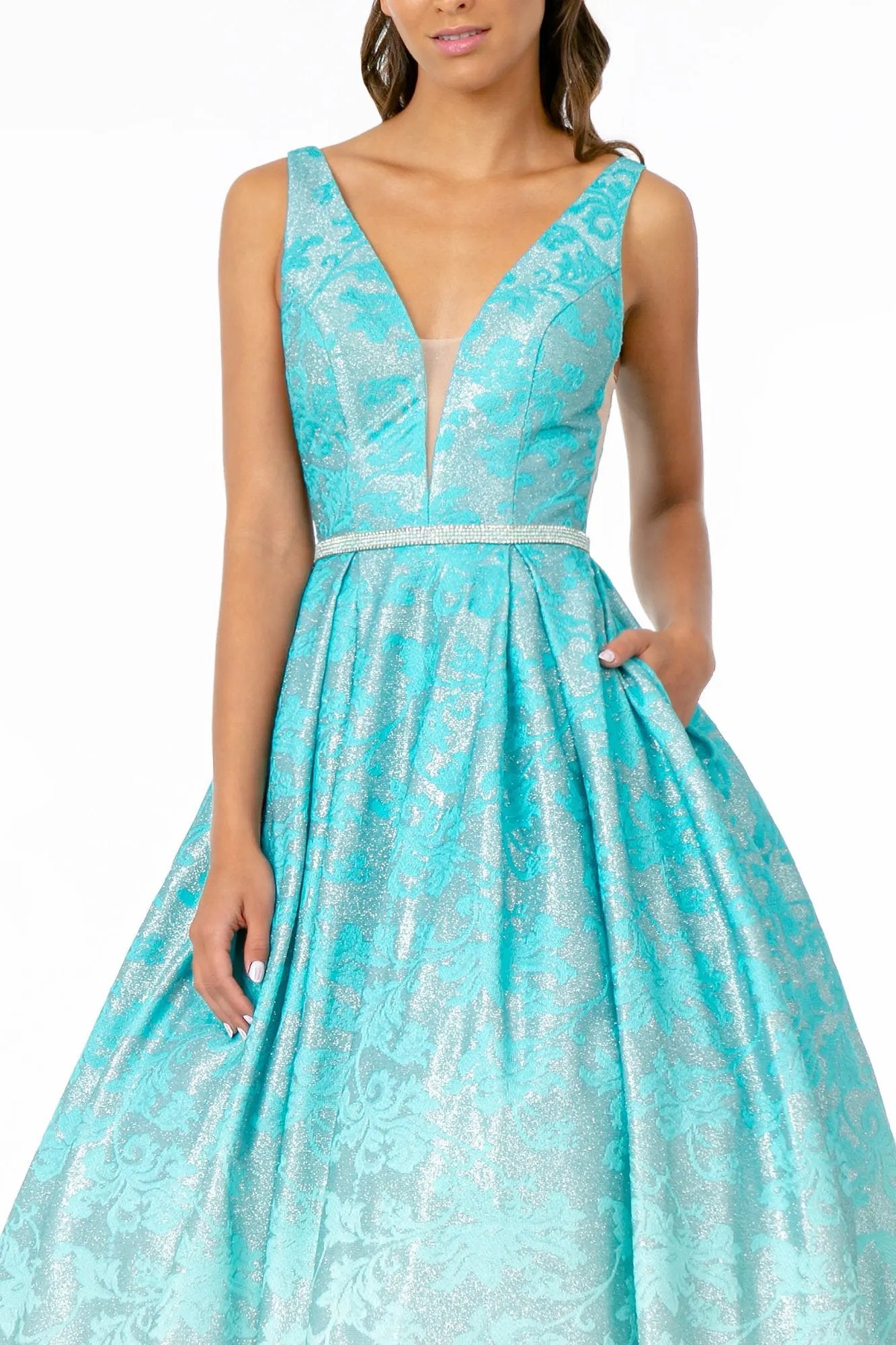 Illusion Deep V-Neck A-Line Long Dress w/ V-Back by Tux-USA
