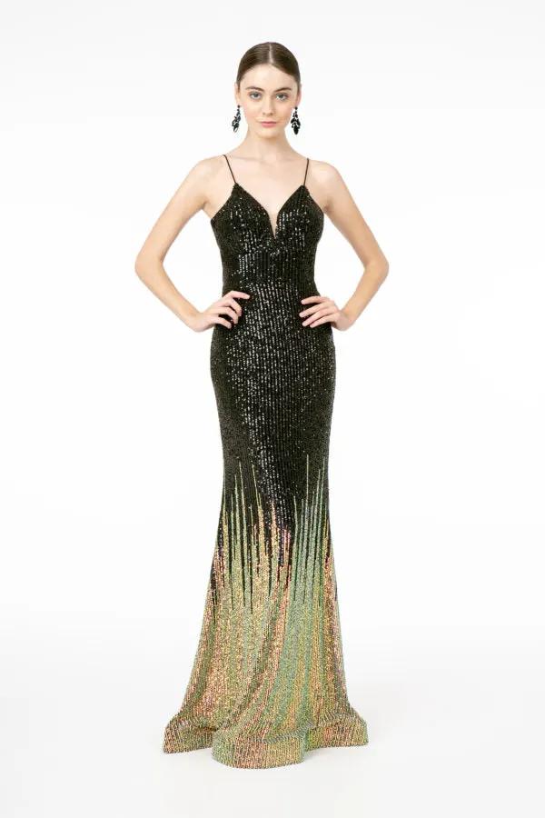 Illusion V-Neck Full Sequin Spaghetti Strap Long Dress by Tux-USA
