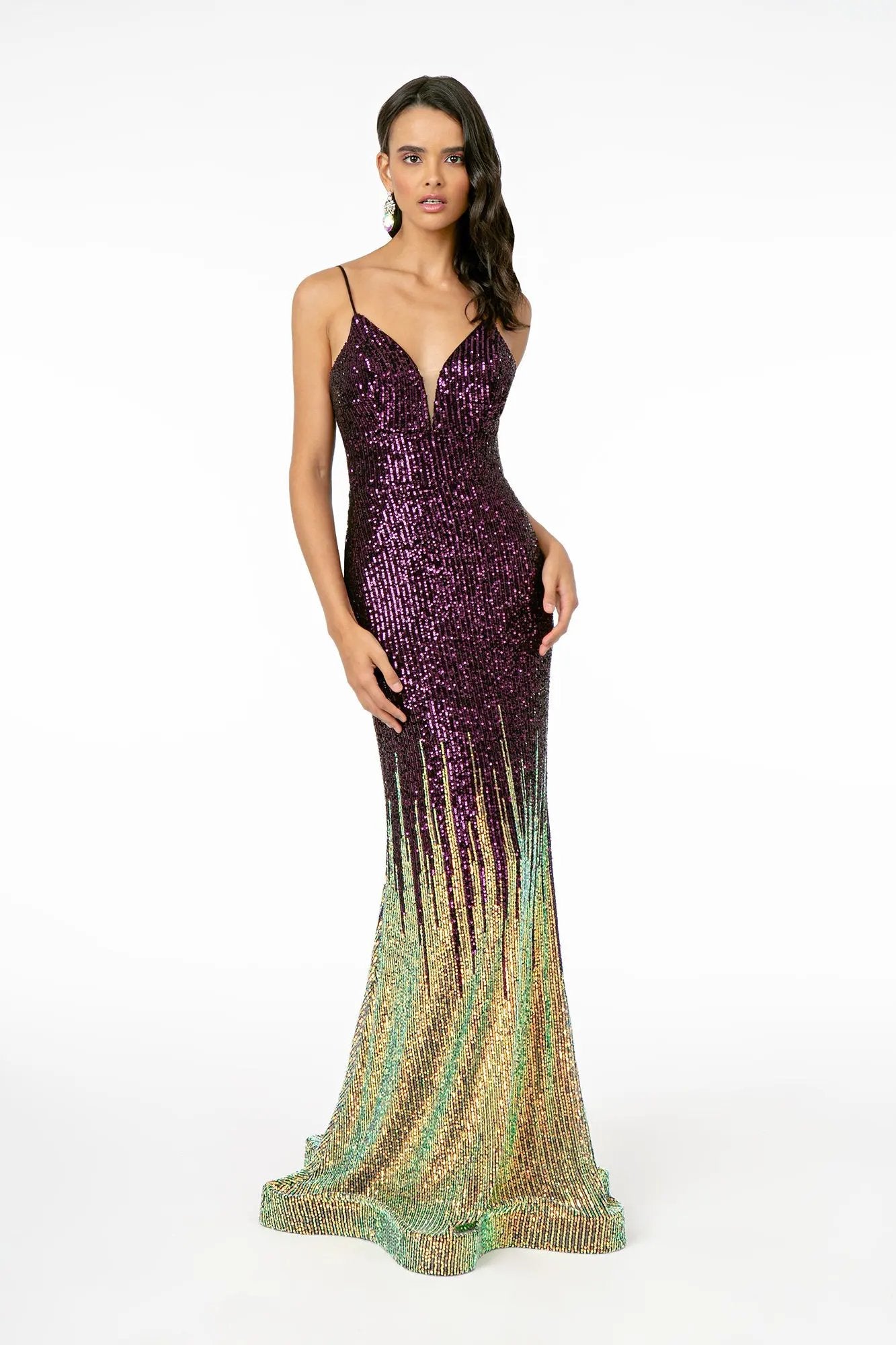 Illusion V-Neck Full Sequin Spaghetti Strap Long Dress by Tux-USA
