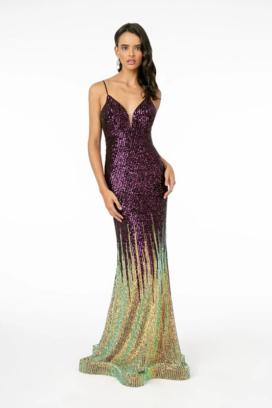 Illusion V-Neck Full Sequin Spaghetti Strap Long Dress by Tux-USA