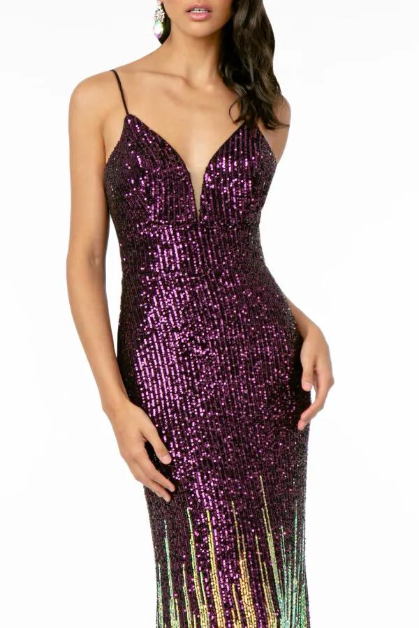 Illusion V-Neck Full Sequin Spaghetti Strap Long Dress by Tux-USA