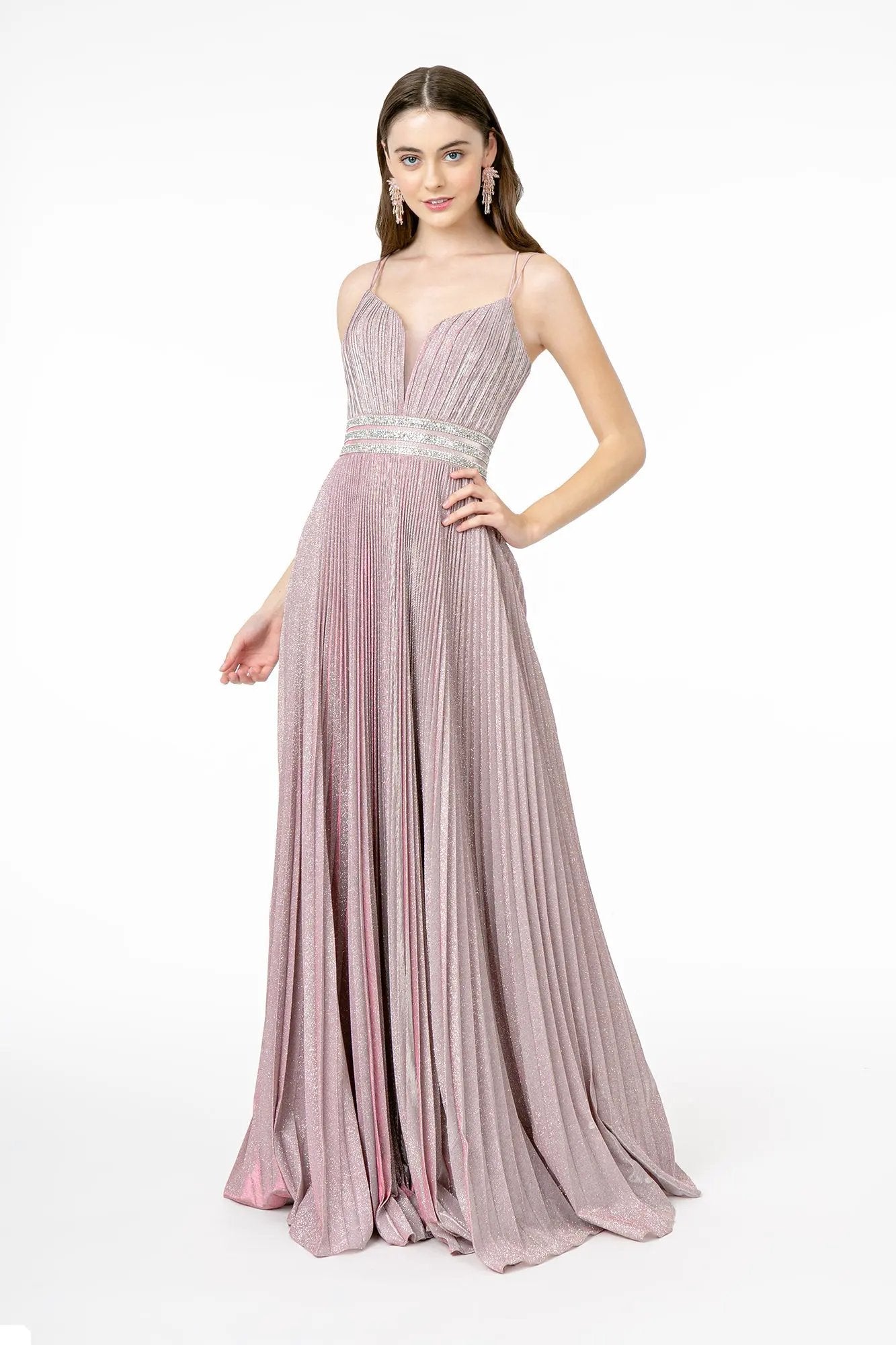 Illusion Deep V-Neck A-Line Pleated Long Dress with Metallic Glitter Finish by Tux-USA