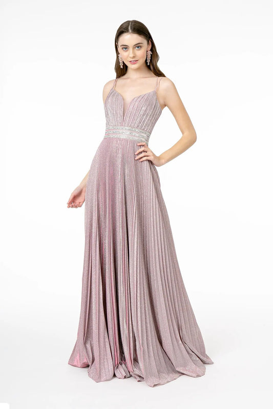 Illusion Deep V-Neck A-Line Pleated Long Dress with Metallic Glitter Finish by Tux-USA