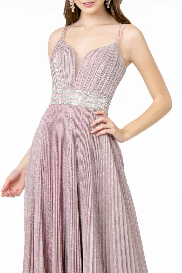 Illusion Deep V-Neck A-Line Pleated Long Dress with Metallic Glitter Finish by Tux-USA