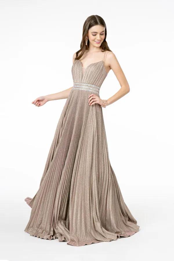 Illusion Deep V-Neck A-Line Pleated Long Dress with Metallic Glitter Finish by Tux-USA