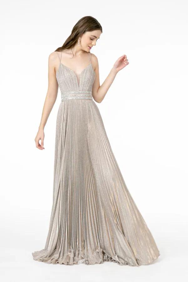 Illusion Deep V-Neck A-Line Pleated Long Dress with Metallic Glitter Finish by Tux-USA