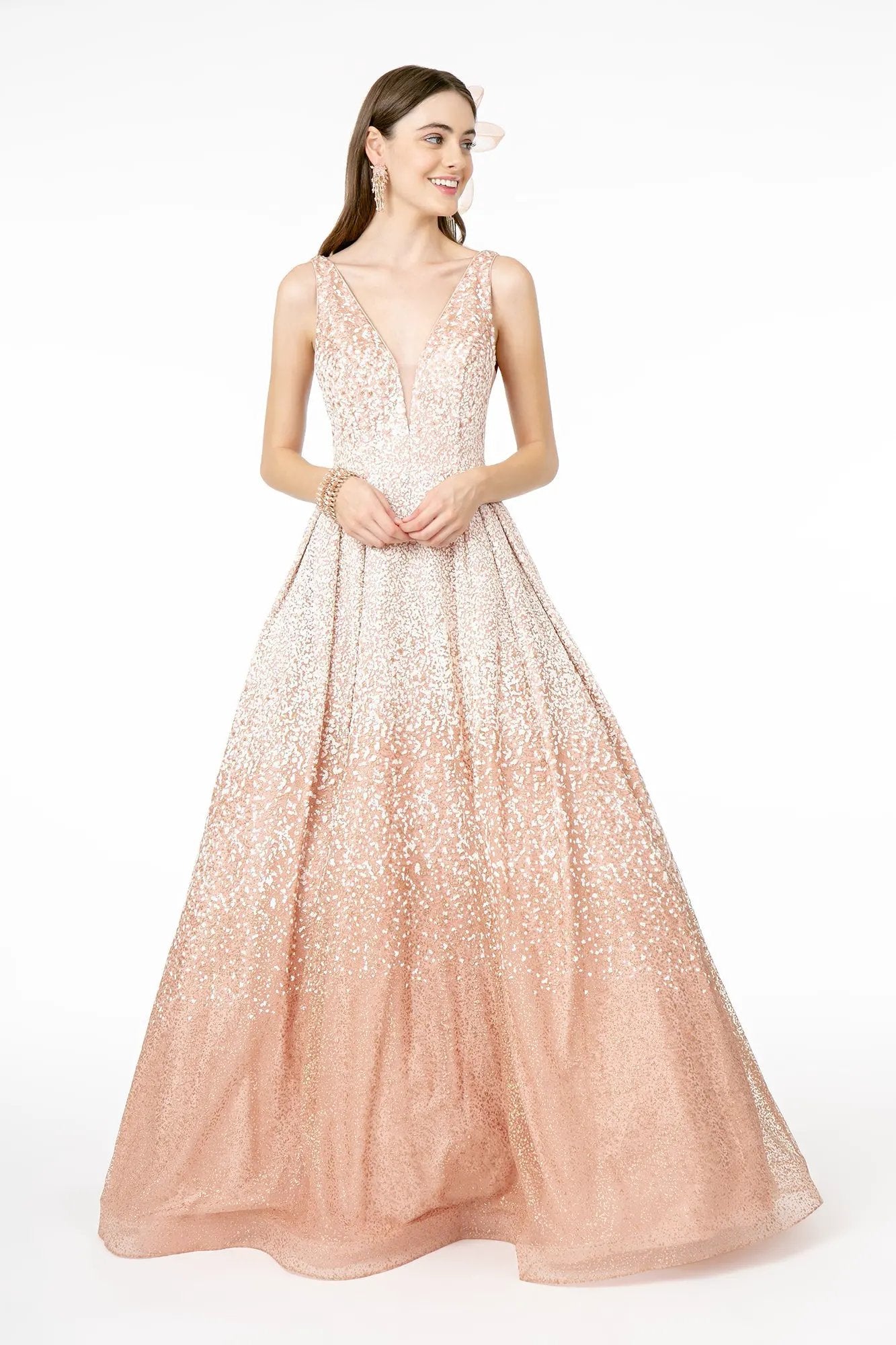 Dress Illusion Deep V Neck Glitter Tulle A Line Floor Length by Tux-USA
