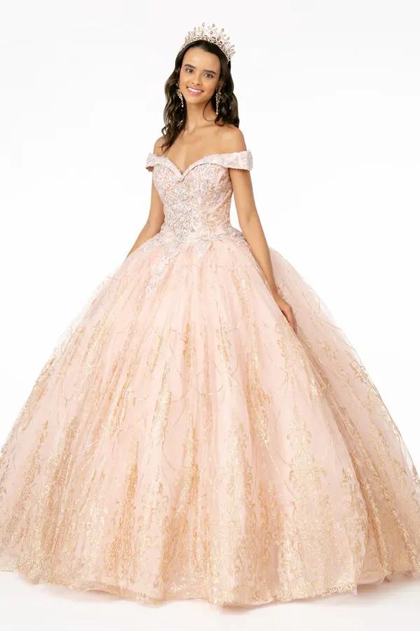 Cut-Away Shoulder Glitter Mesh Quinceanera Dress by Tux-USA