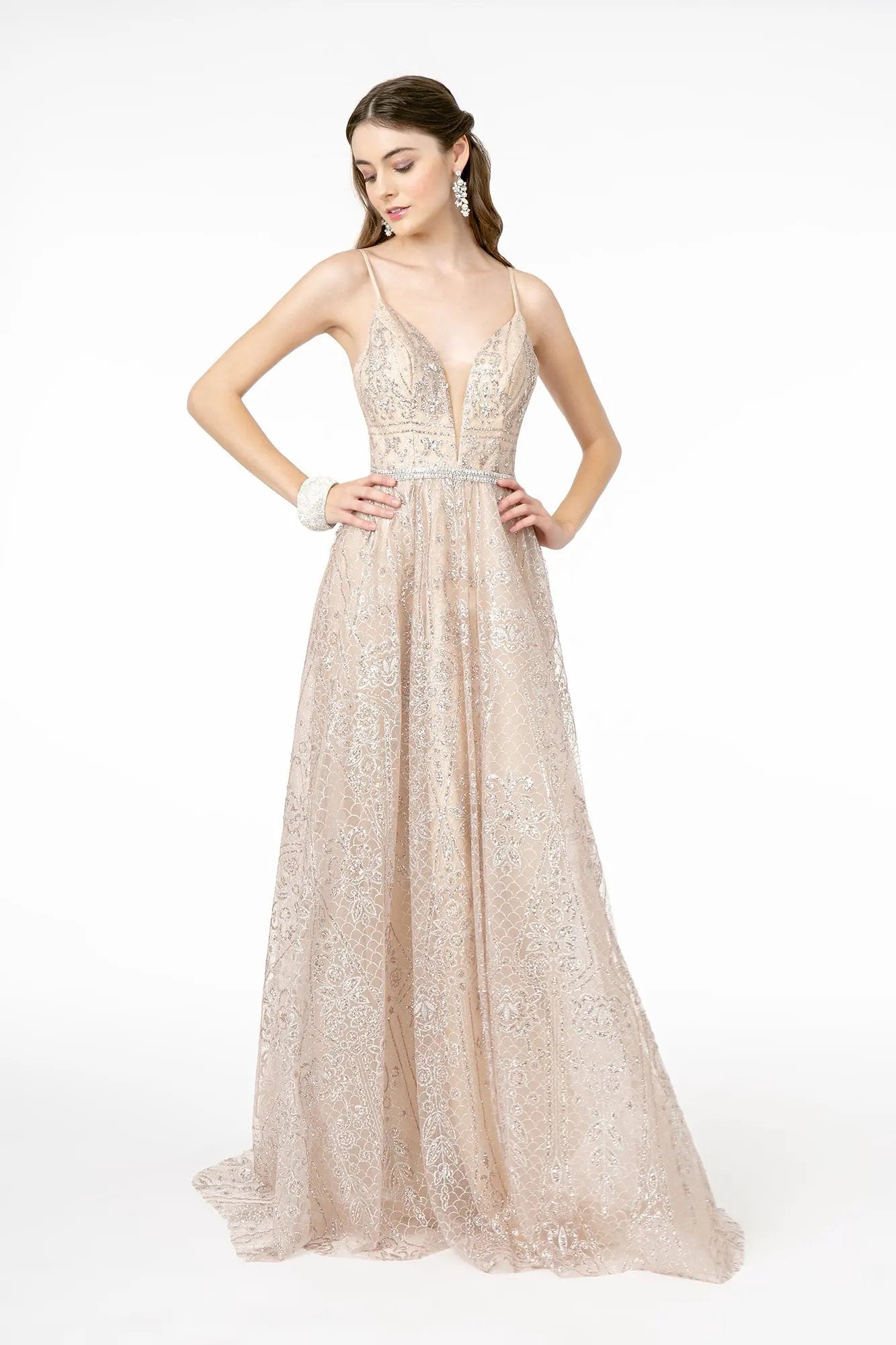 Illusion Deep V-Neck Spaghetti Strap Glitter Mesh Long Dress w/ Open Back by Tux-USA