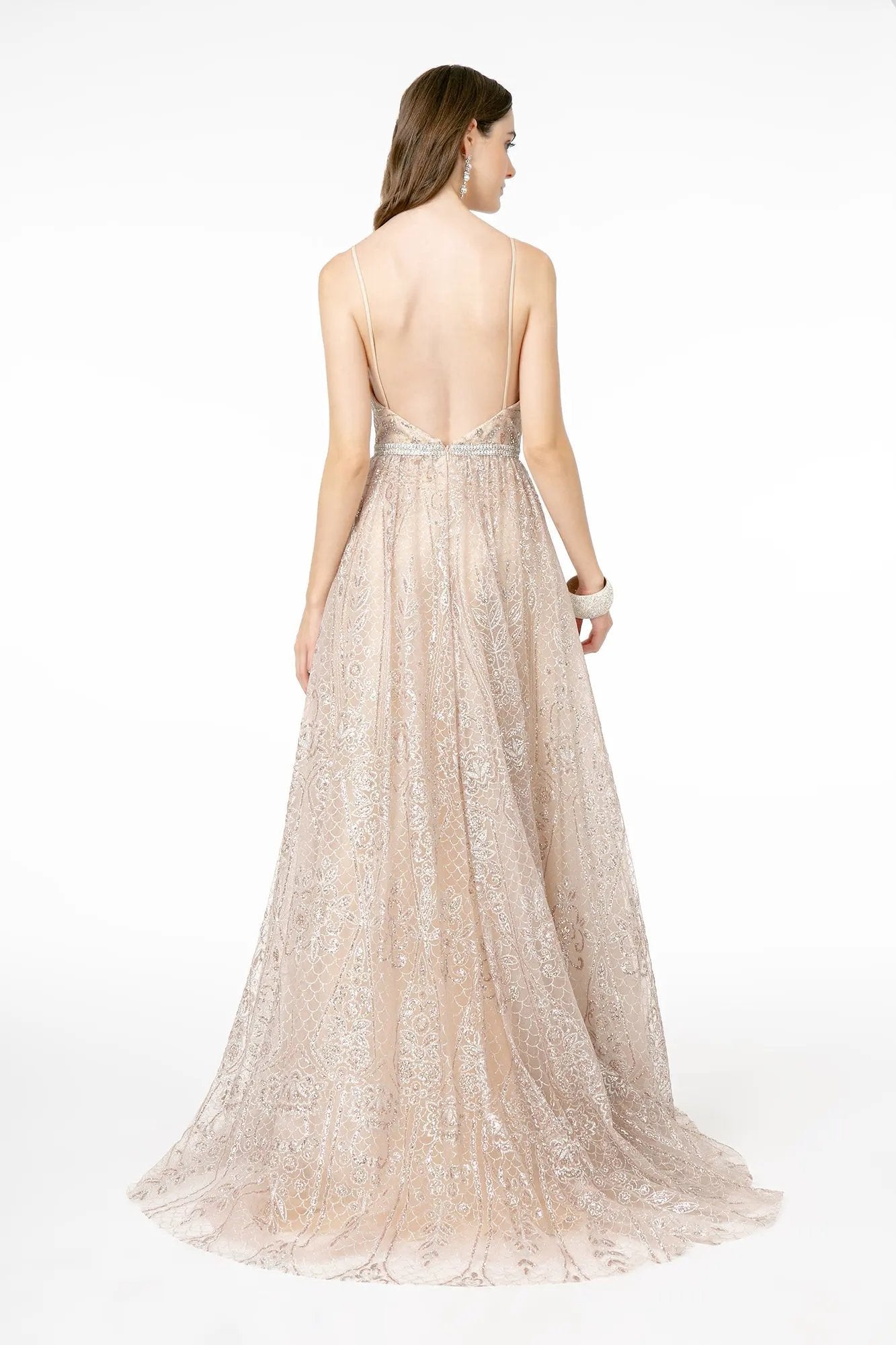 Illusion Deep V-Neck Spaghetti Strap Glitter Mesh Long Dress w/ Open Back by Tux-USA