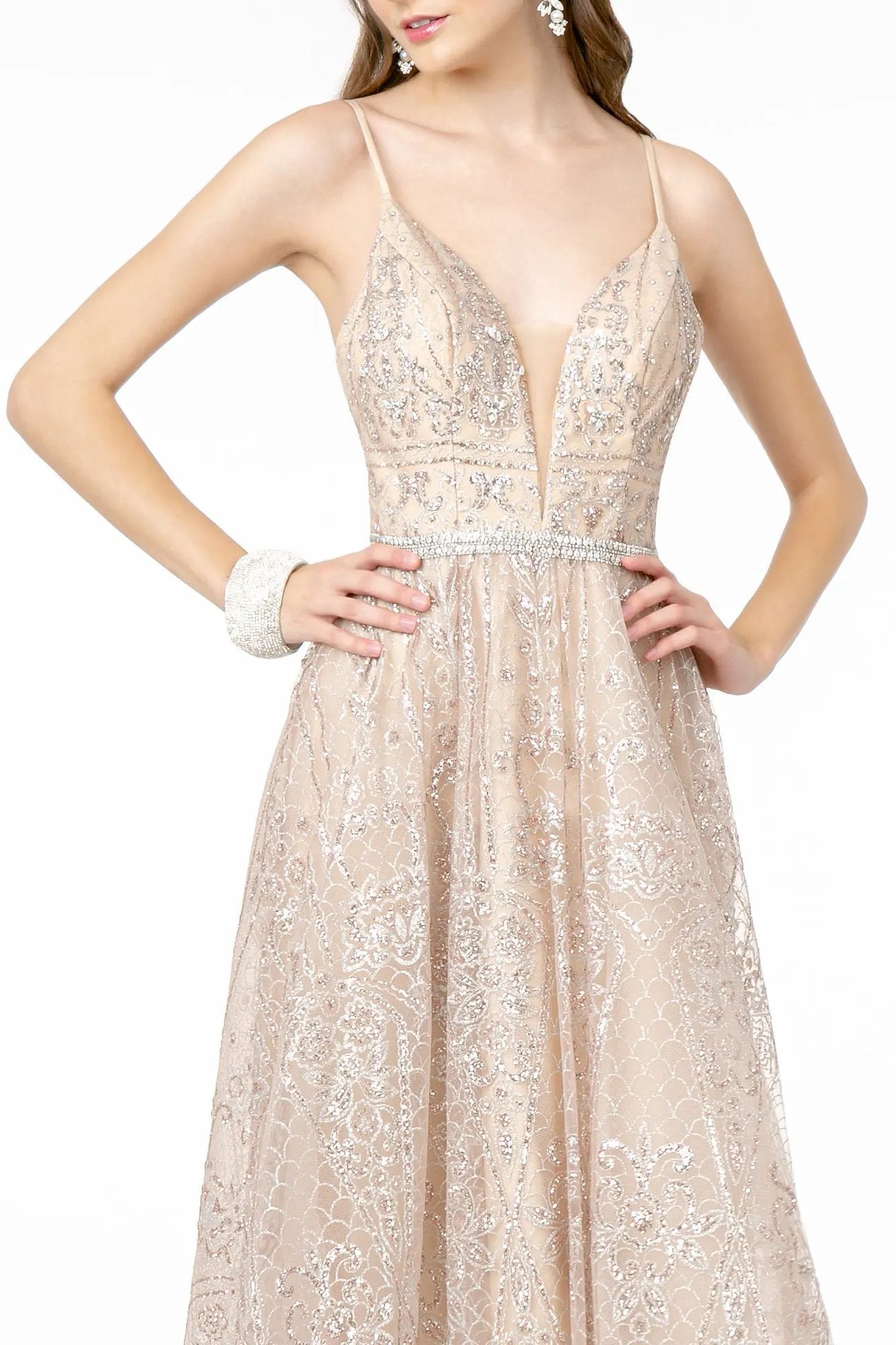 Illusion Deep V-Neck Spaghetti Strap Glitter Mesh Long Dress w/ Open Back by Tux-USA