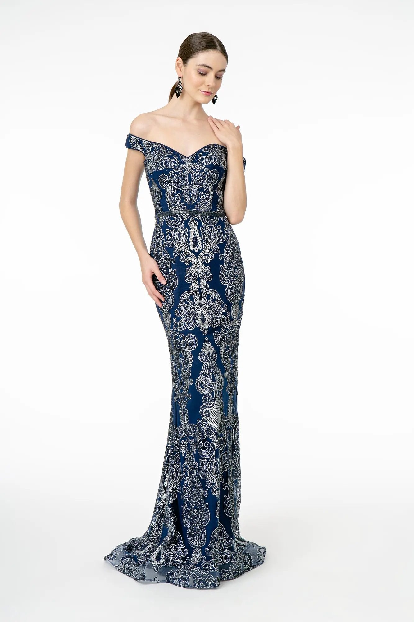 Off-The-Shoulder Glitter Pattern Mesh Mermaid Dress by Tux-USA