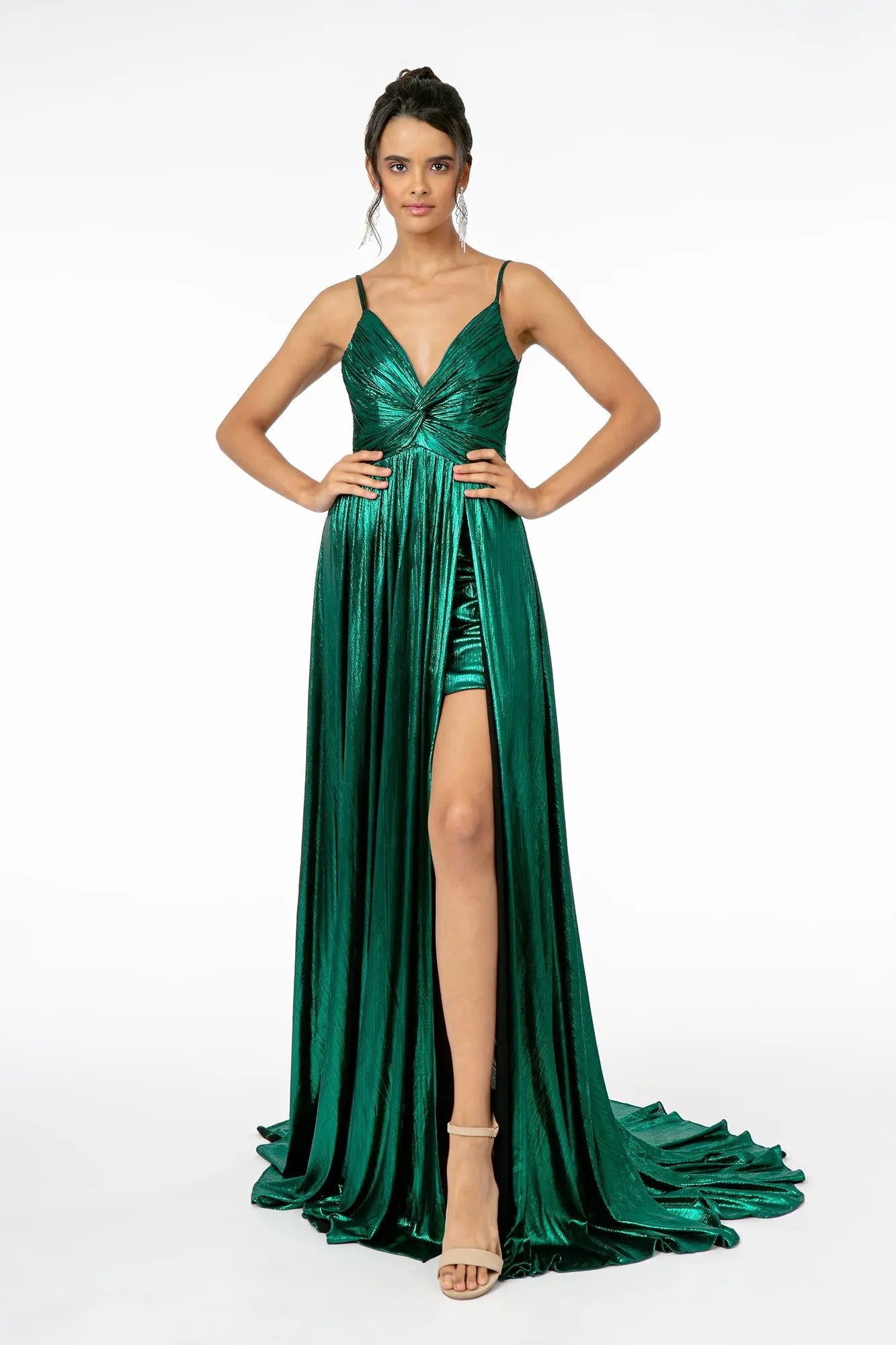 Pleated Bodice Metallic Lame Long Dress w/ Leg Slit by Tux-USA