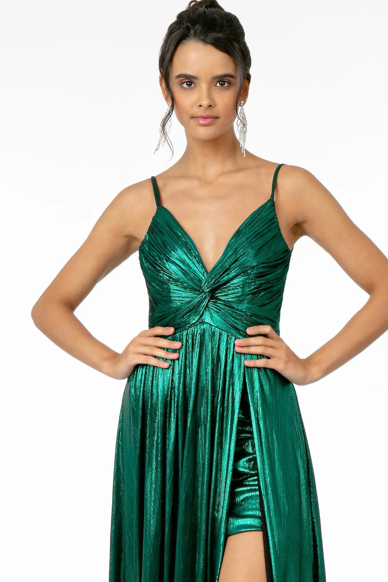 Pleated Bodice Metallic Lame Long Dress w/ Leg Slit by Tux-USA