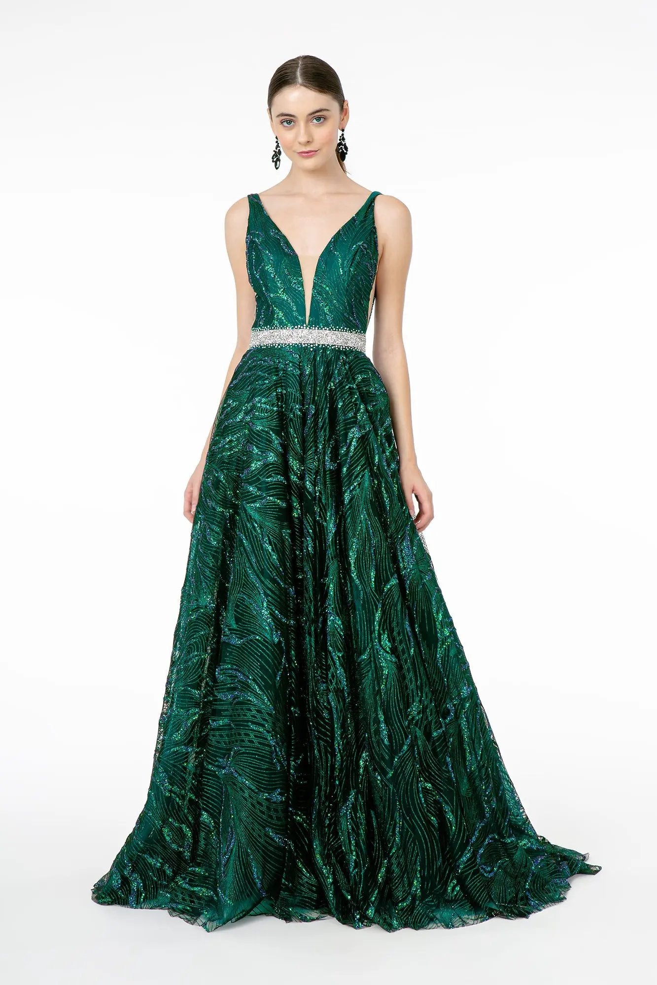 Jewel Accented Waist Glitter Long A-line Silhouette Dress from GLS by Gloria by Tux-USA