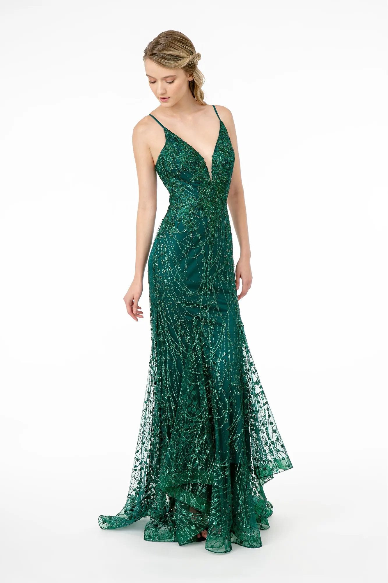 Illusion Deep V-Neck Spaghetti Strap Mermaid Dress w/ Strap Back by Tux-USA
