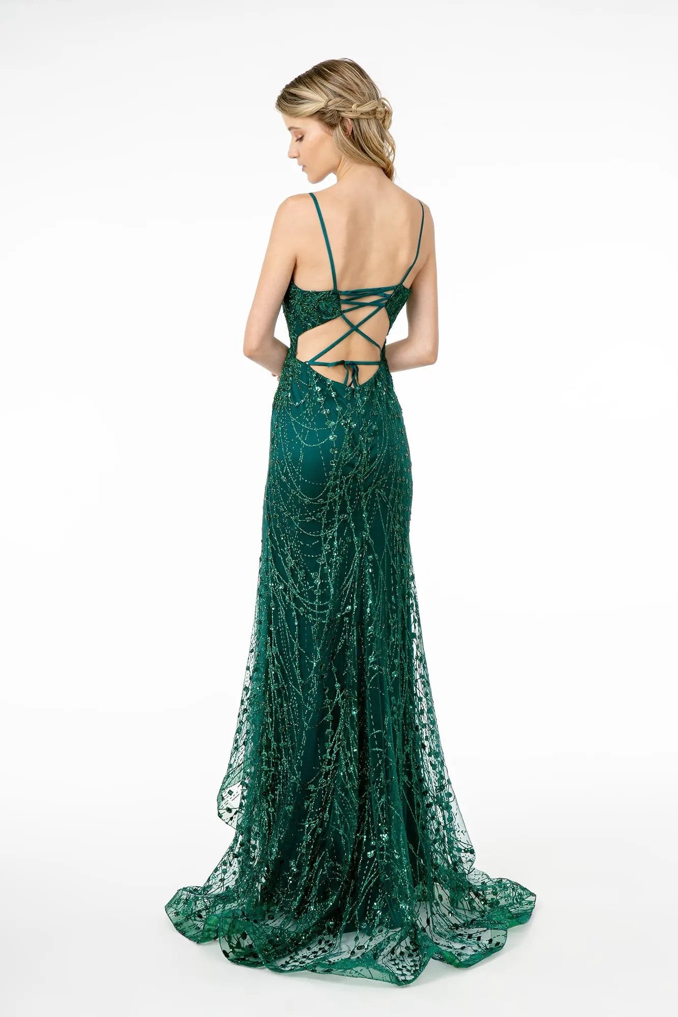 Illusion Deep V-Neck Spaghetti Strap Mermaid Dress w/ Strap Back by Tux-USA