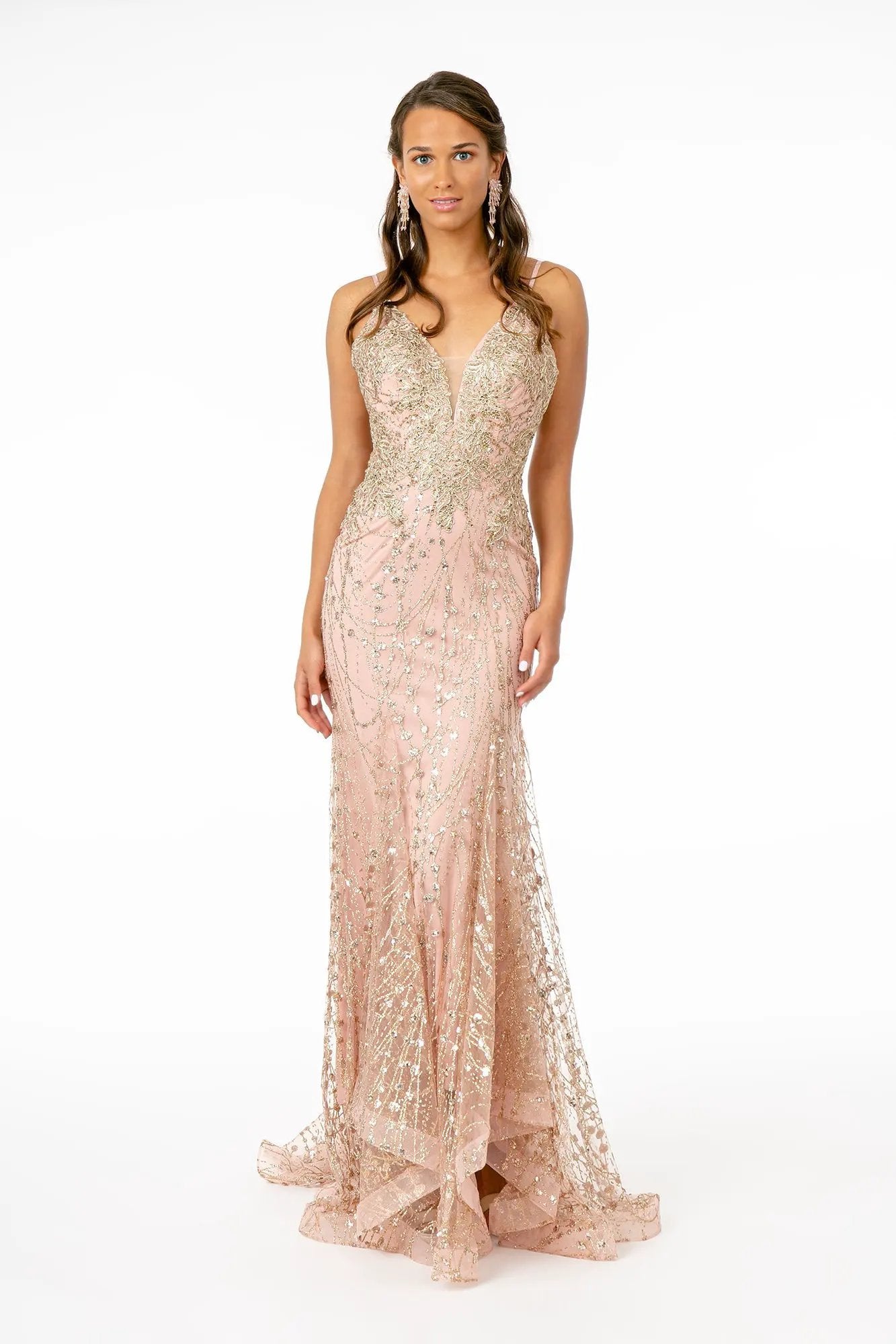 Illusion Deep V-Neck Spaghetti Strap Mermaid Dress w/ Strap Back by Tux-USA
