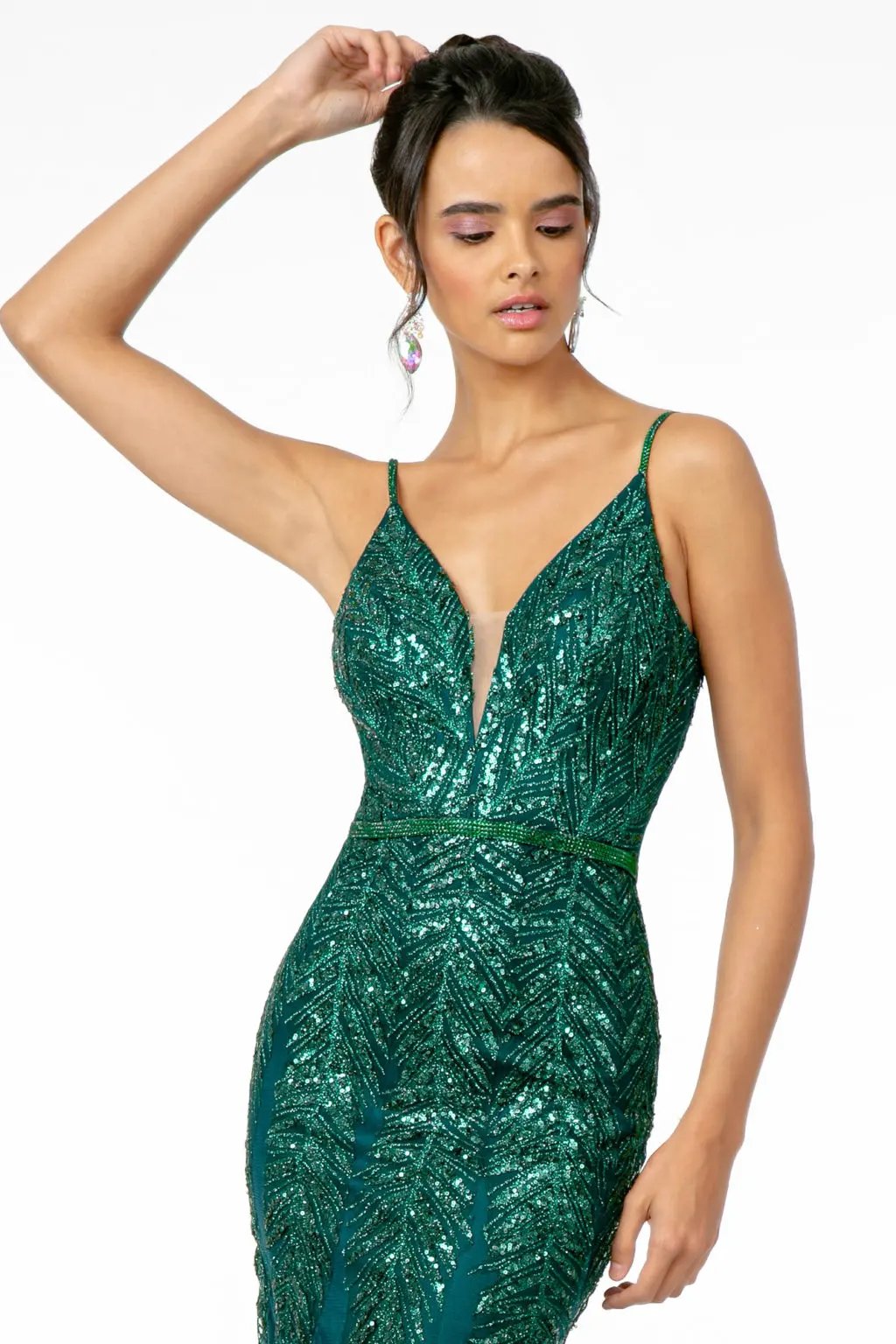 Illusion Deep V-Neck Glitter Sequin Mermaid Long Dress by Tux-USA