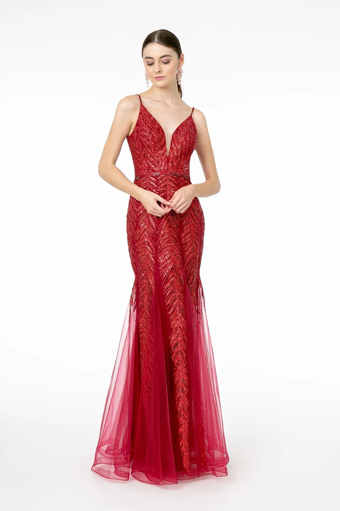 Illusion Deep V-Neck Glitter Sequin Mermaid Long Dress by Tux-USA