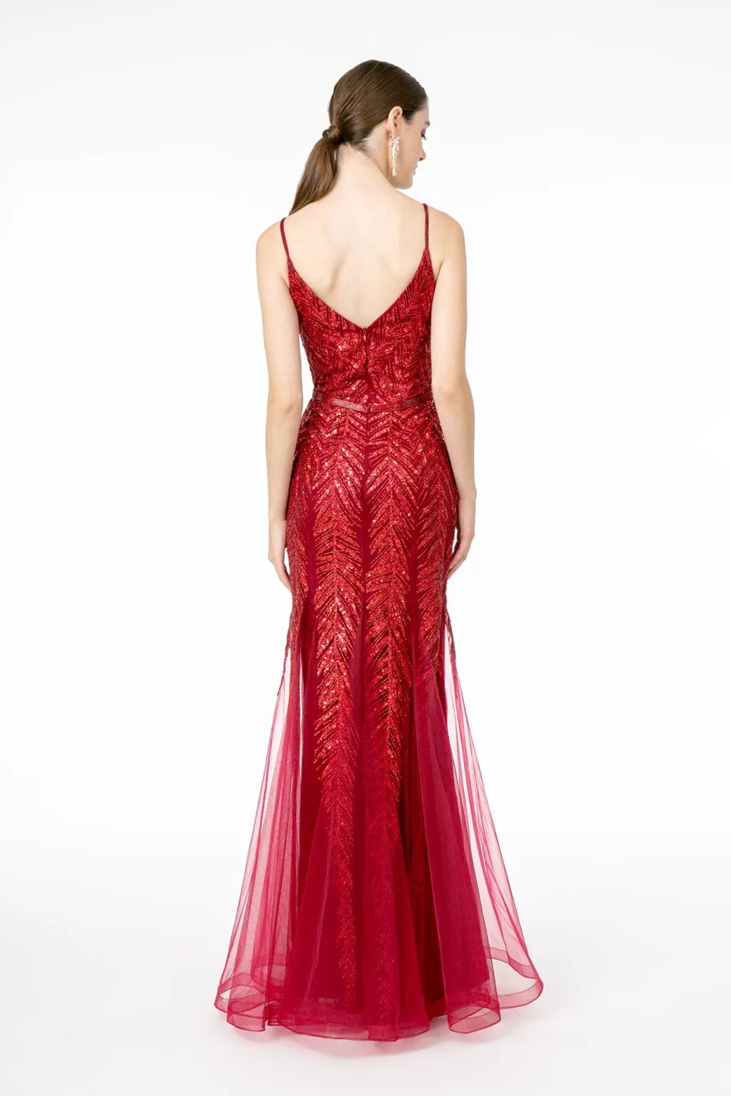 Illusion Deep V-Neck Glitter Sequin Mermaid Long Dress by Tux-USA