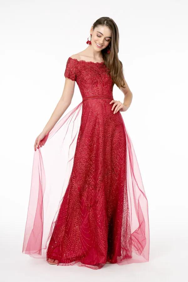 Glitter Print Mesh Cut-Away Shoulder A-Line Dress by Tux-USA