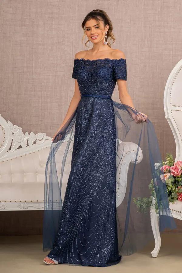 Glitter Print Mesh Cut-Away Shoulder A-Line Dress by Tux-USA