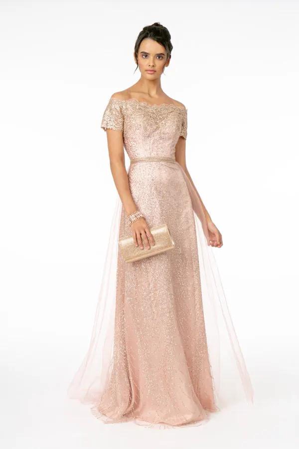 Glitter Print Mesh Cut-Away Shoulder A-Line Dress by Tux-USA