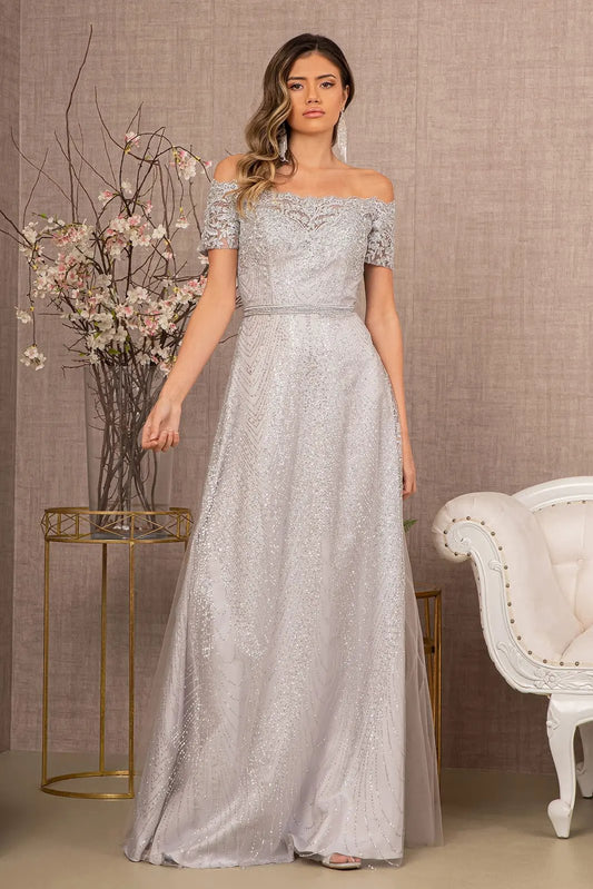 Glitter Print Mesh Cut-Away Shoulder A-Line Dress by Tux-USA