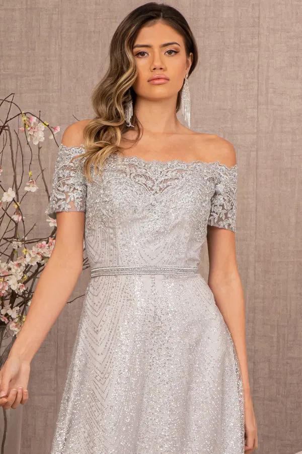 Glitter Print Mesh Cut-Away Shoulder A-Line Dress by Tux-USA