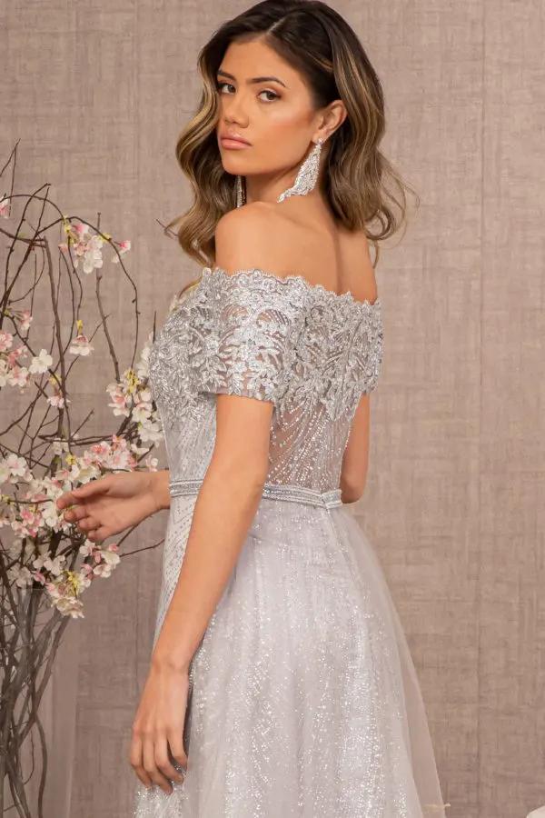 Glitter Print Mesh Cut-Away Shoulder A-Line Dress by Tux-USA