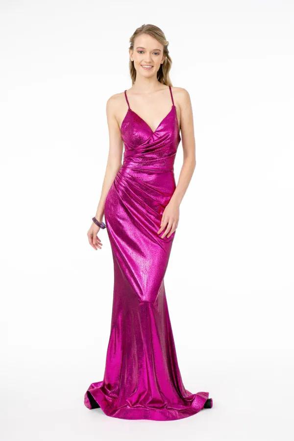 Ruched Metallic Lame V-Neck Mermaid Long Dress w/ Lace Up Back by Tux-USA